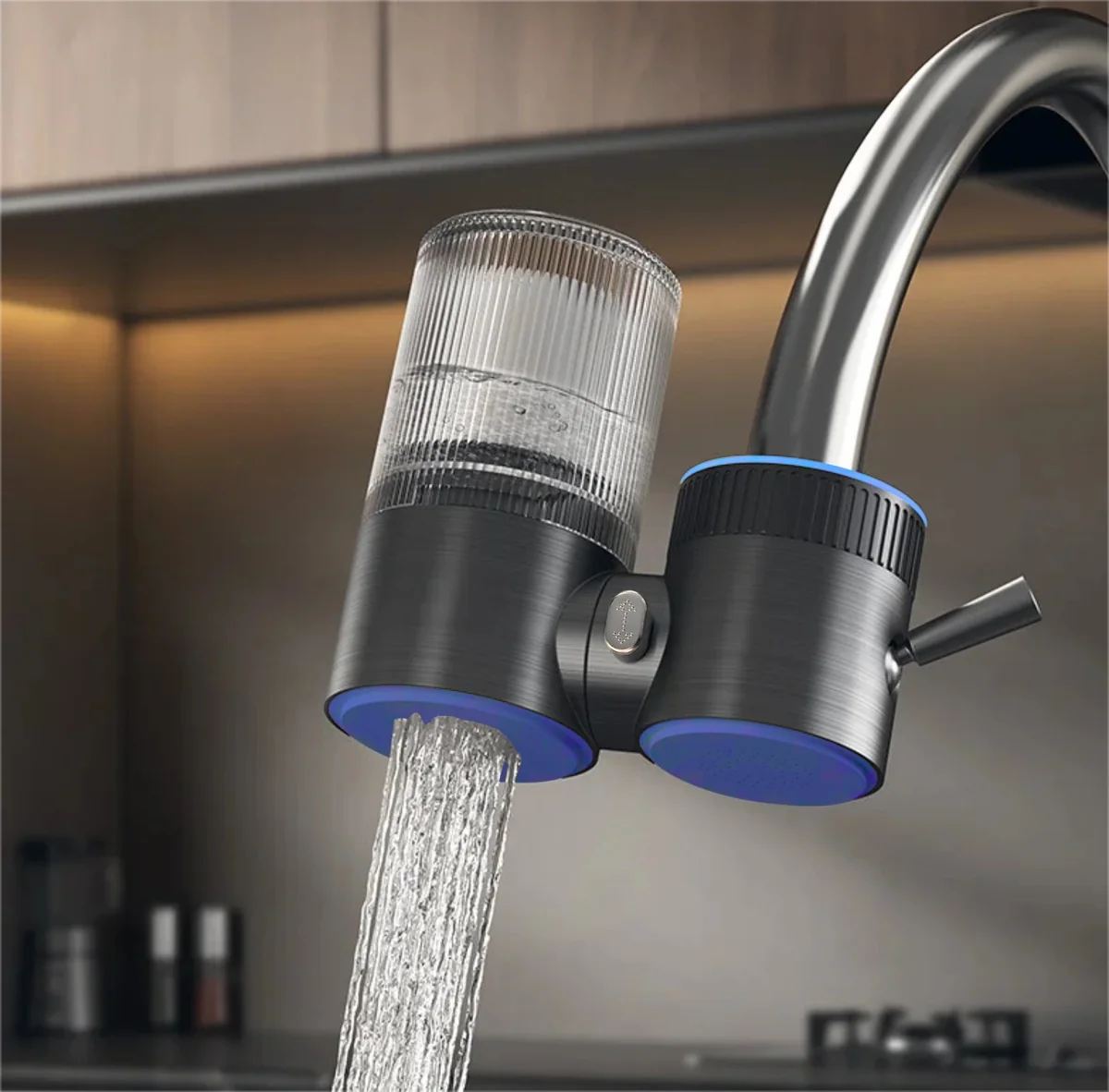 OmiFilter fitted to a kitchen tap with water running